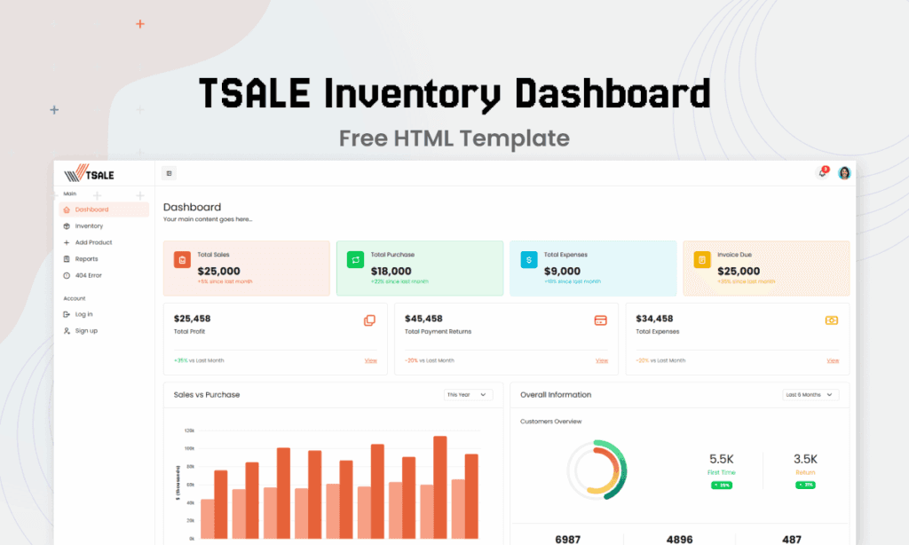 Image Alt Text: TSALE Inventory Dashboard Free HTML Admin Template